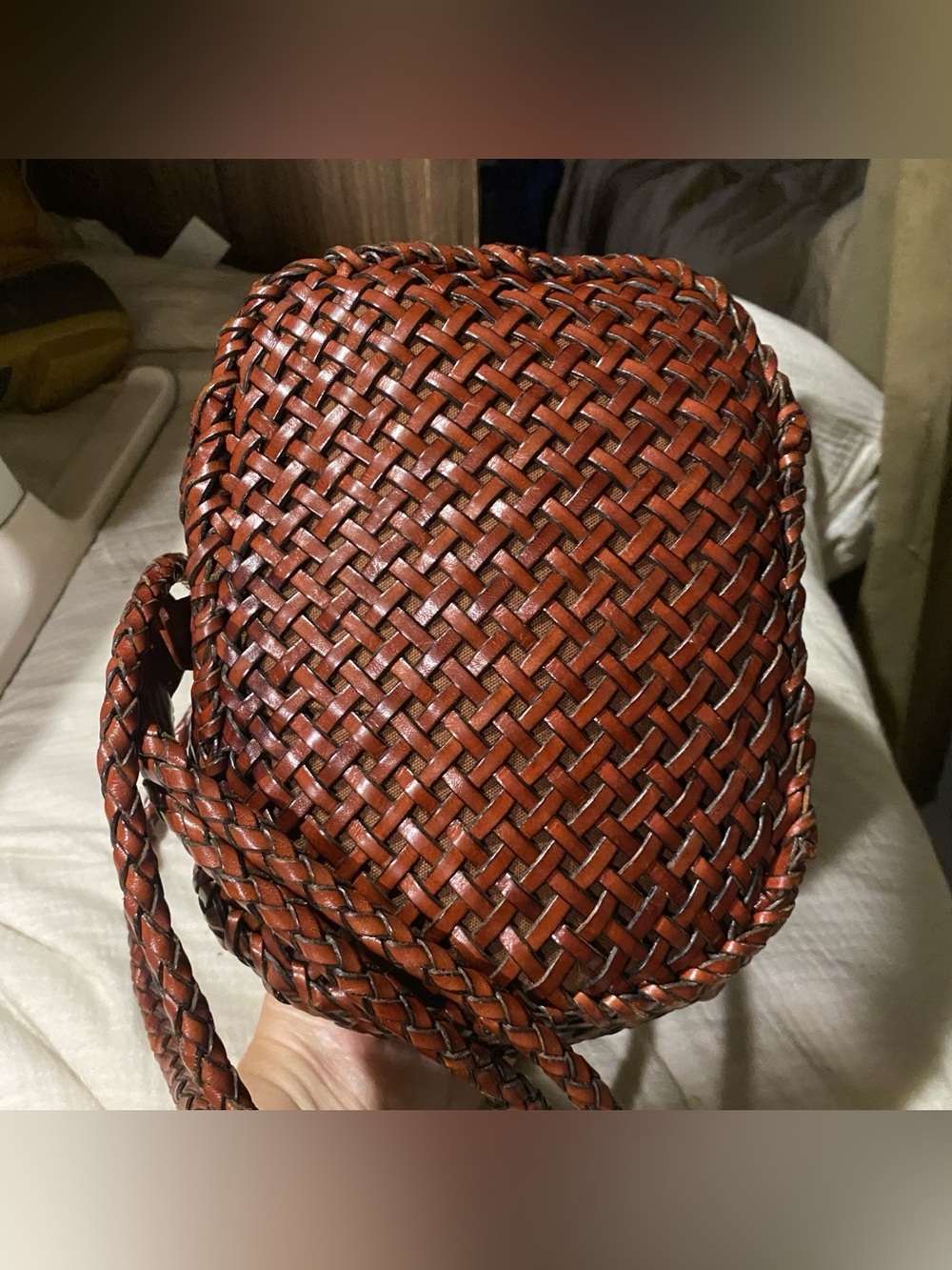 TALBOTS vintage woven leather mini sling purse drawstring bucket bag backpack - Picture 5 of 8